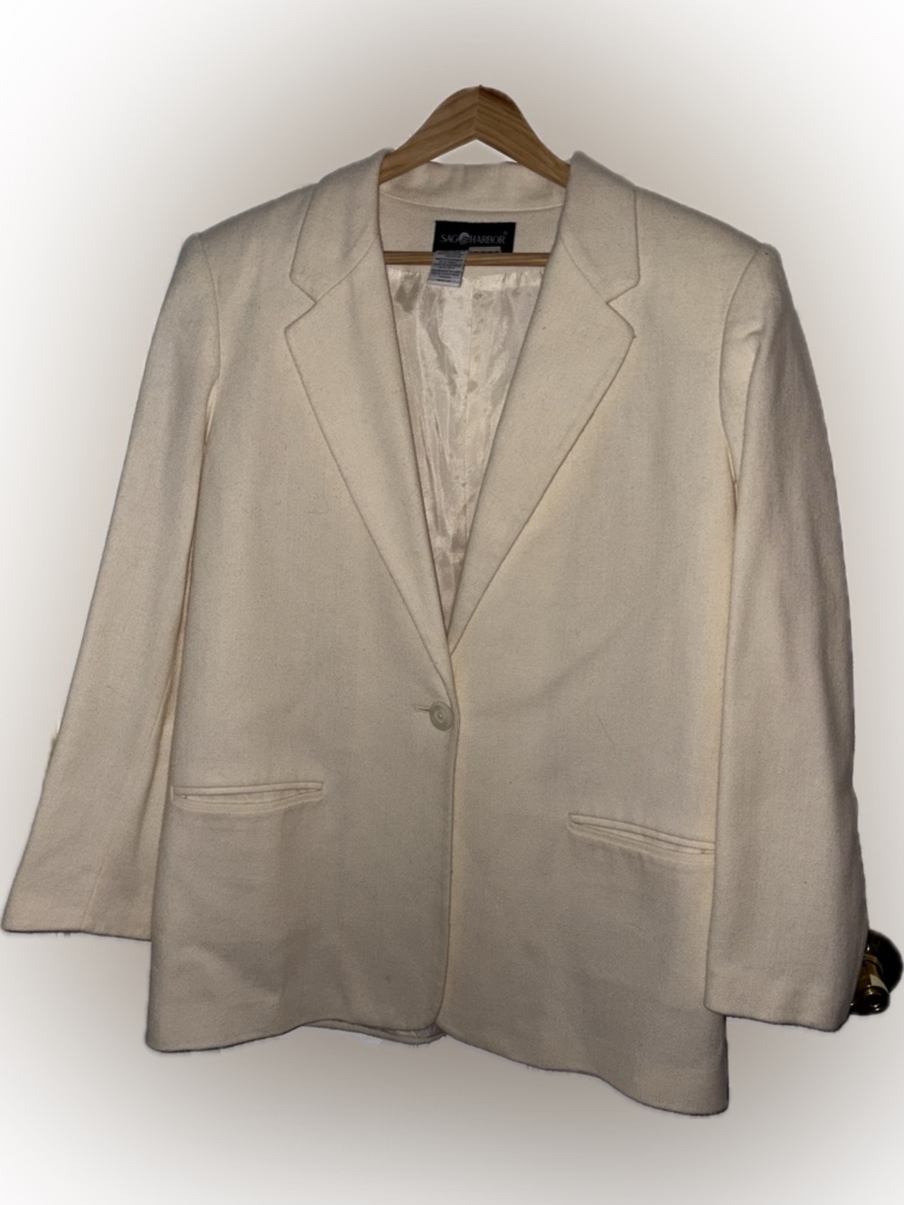 Sag Harbor Ivory Single-Breasted Blazer Jacket Size 12 Notch Lapel Lined Wool